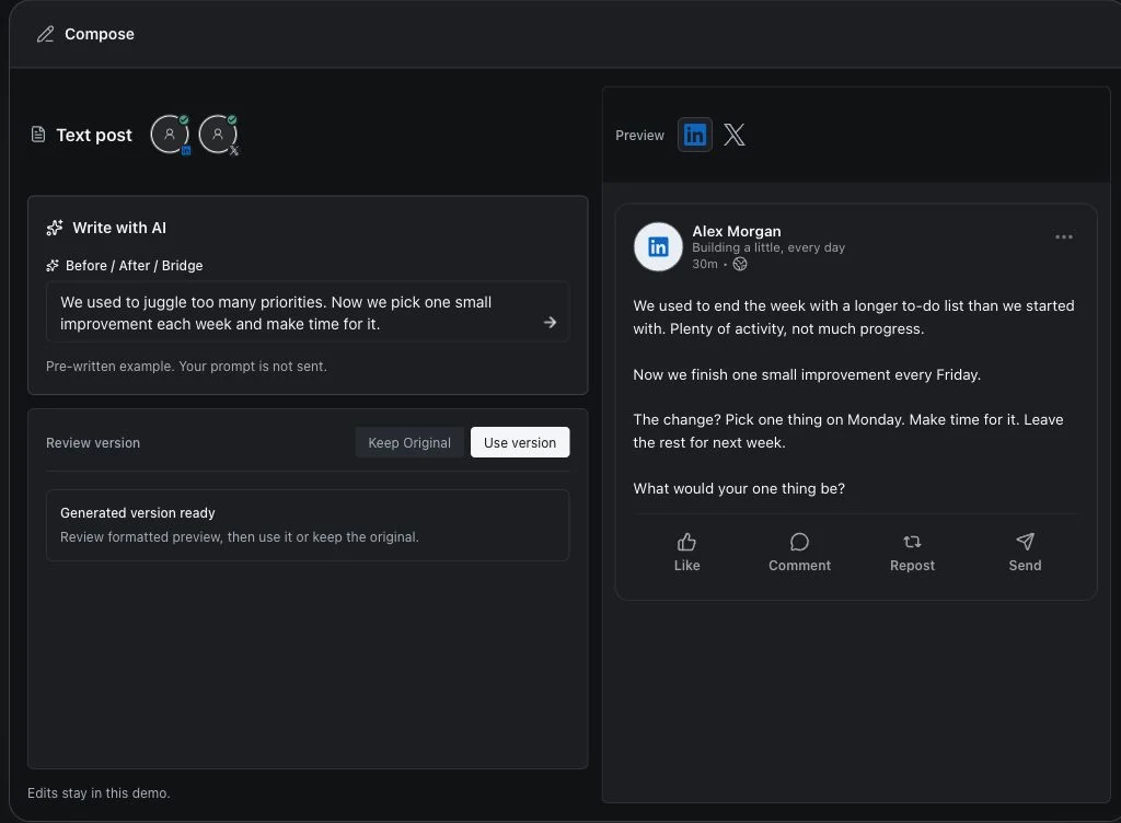 Posthut AI review with a suggested draft, matching LinkedIn preview and Keep Original or Use version controls