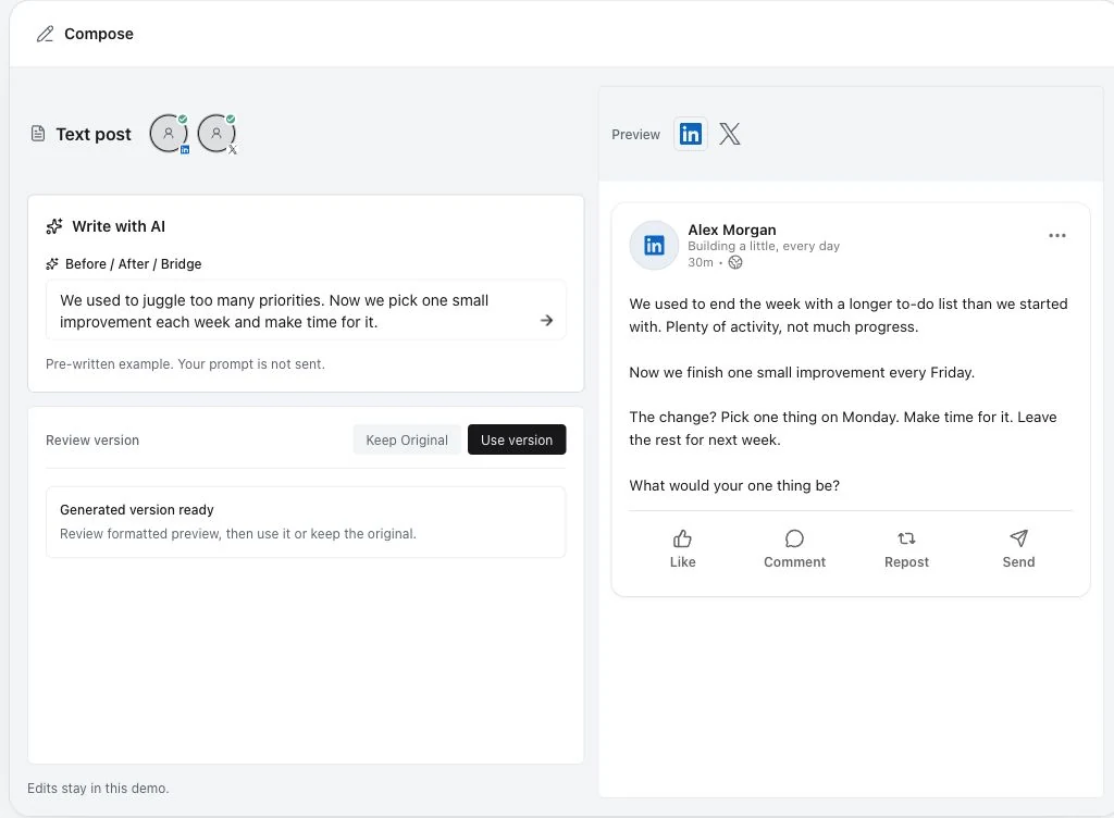 Posthut AI review with a suggested draft, matching LinkedIn preview and Keep Original or Use version controls