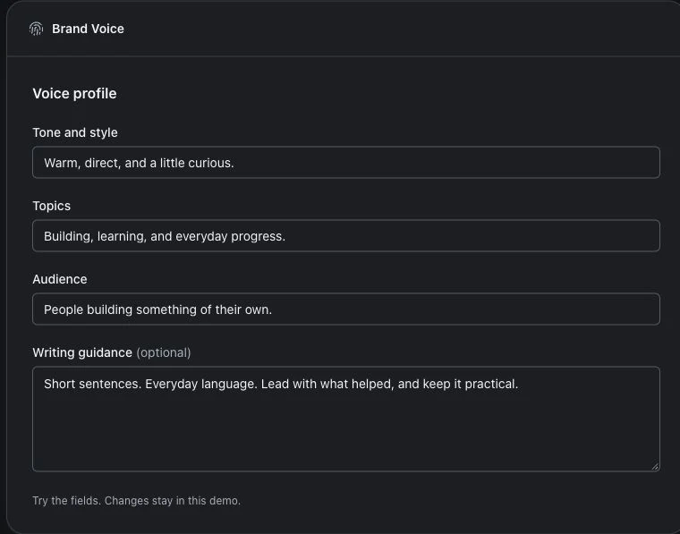 Posthut Brand Voice fields with a tone, audience and writing instructions