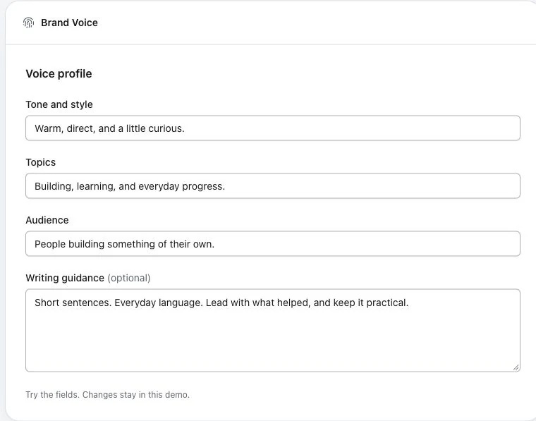 Posthut Brand Voice fields with a tone, audience and writing instructions